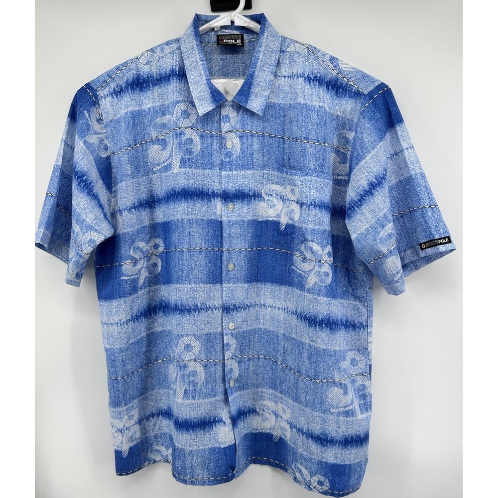 South Pole Polyester Short Sleeve Button Down Blue White Men's Size XL